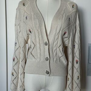 ZARA Cream Cable Knit Cardigan with Floral Accents